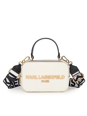 NWT Karl Lagerfeld Paris SIMONE CAMERA Crossbody Bag Logo Strap White with Gold